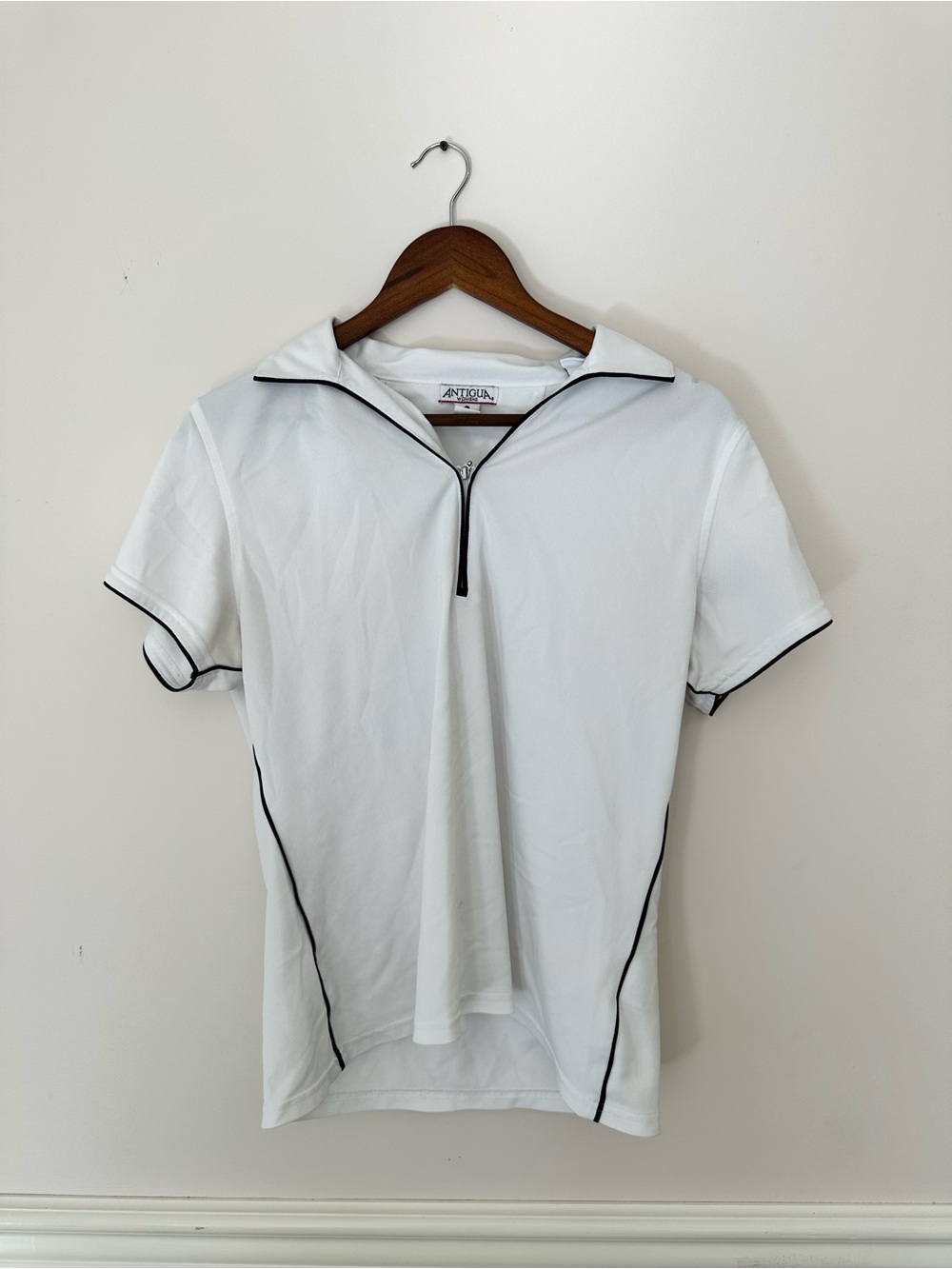 Antigua White Short-Sleeve Zip Polo with Black Piping Golf